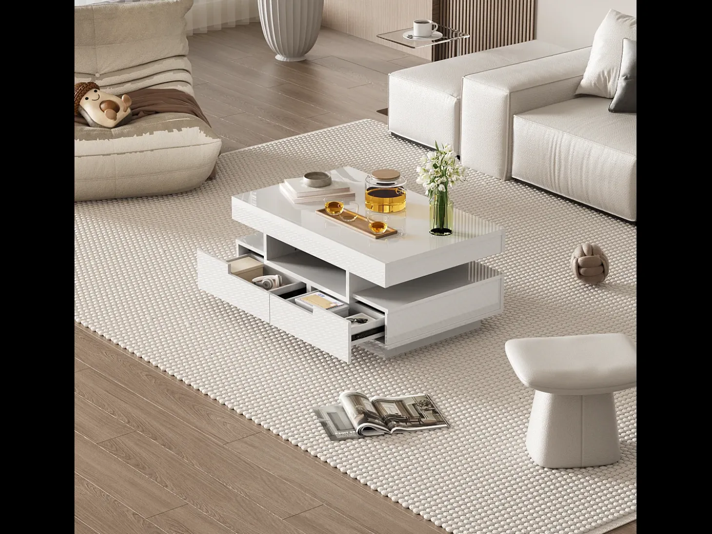 Mesa de centro con 4 cajones - 80 x 50 x 36 cm - LED - Tablero de partículas - Blanco