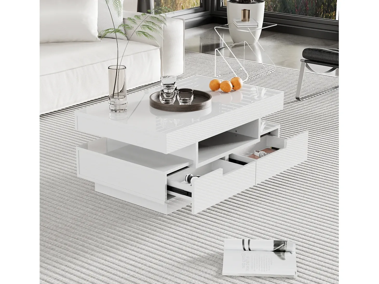Mesa de centro con 4 cajones - 80 x 50 x 36 cm - LED - Tablero de partículas - Blanco