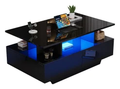 Mesa de centro con 2 cajones y compartimento abierto - 90 x 55 x 41 cm - LED - Tablero de partículas - Negro brillante