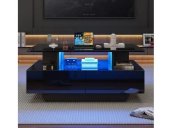 Mesa de centro con 2 cajones y compartimento abierto - 90 x 55 x 41 cm - LED - Tablero de partículas - Negro brillante