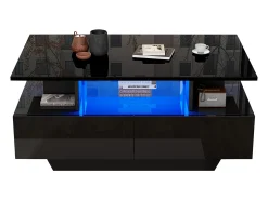 Mesa de centro con 2 cajones y compartimento abierto - 90 x 55 x 41 cm - LED - Tablero de partículas - Negro brillante