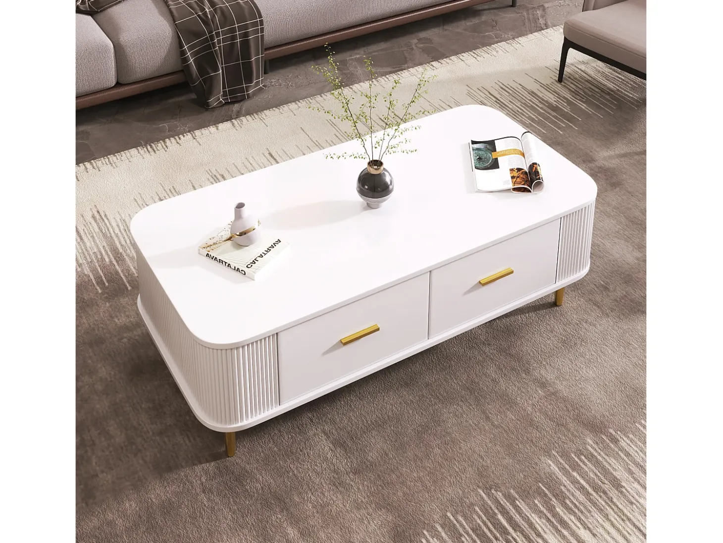 Mesa de centro con 4 cajones - 105 x 51 x 36 cm - Madera MDF - Tiradores y pies dorados - Blanco