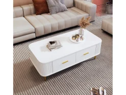Mesa de centro con 4 cajones - 105 x 51 x 36 cm - Madera MDF - Tiradores y pies dorados - Blanco