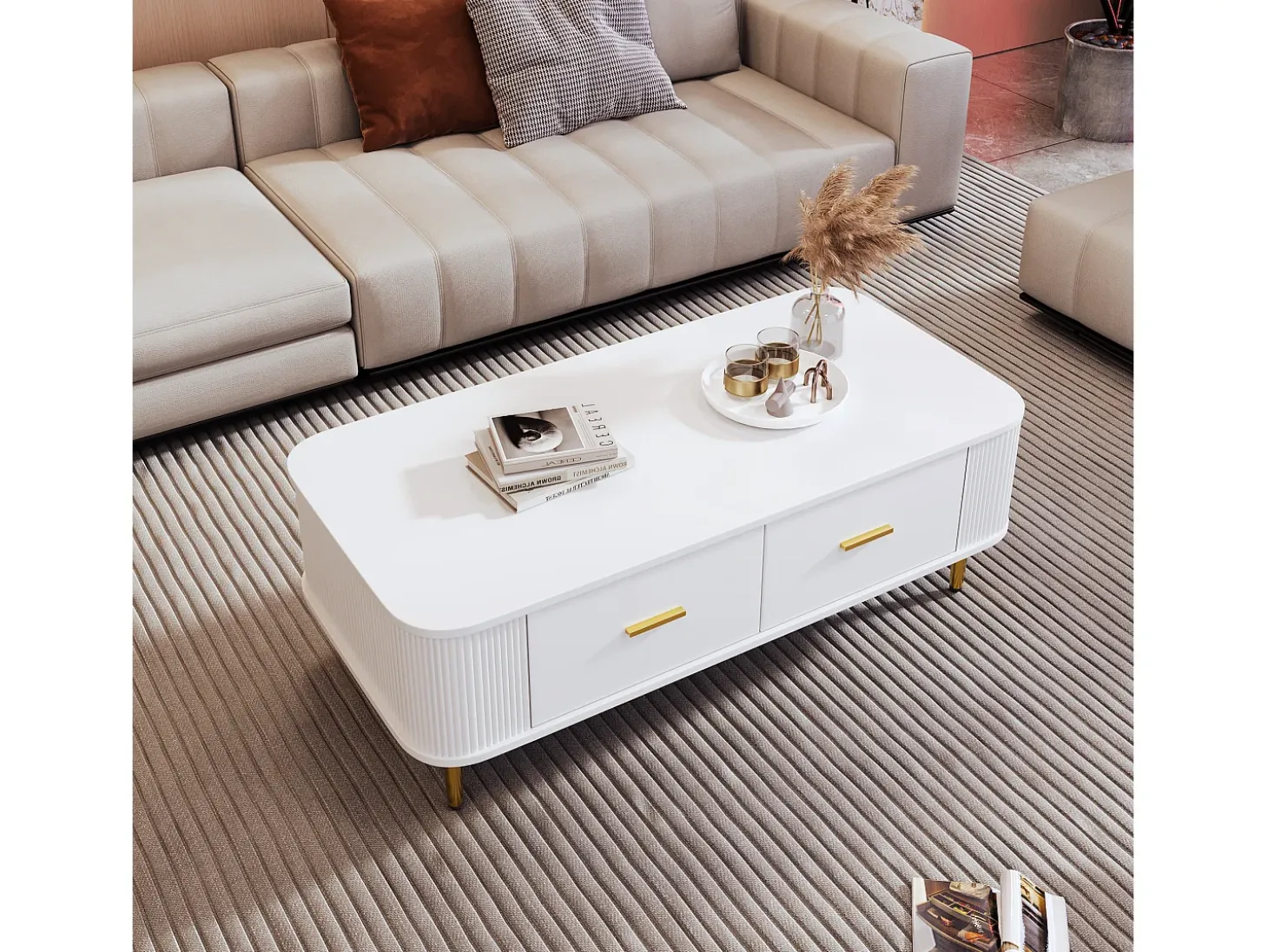 Mesa de centro con 4 cajones - 105 x 51 x 36 cm - Madera MDF - Tiradores y pies dorados - Blanco