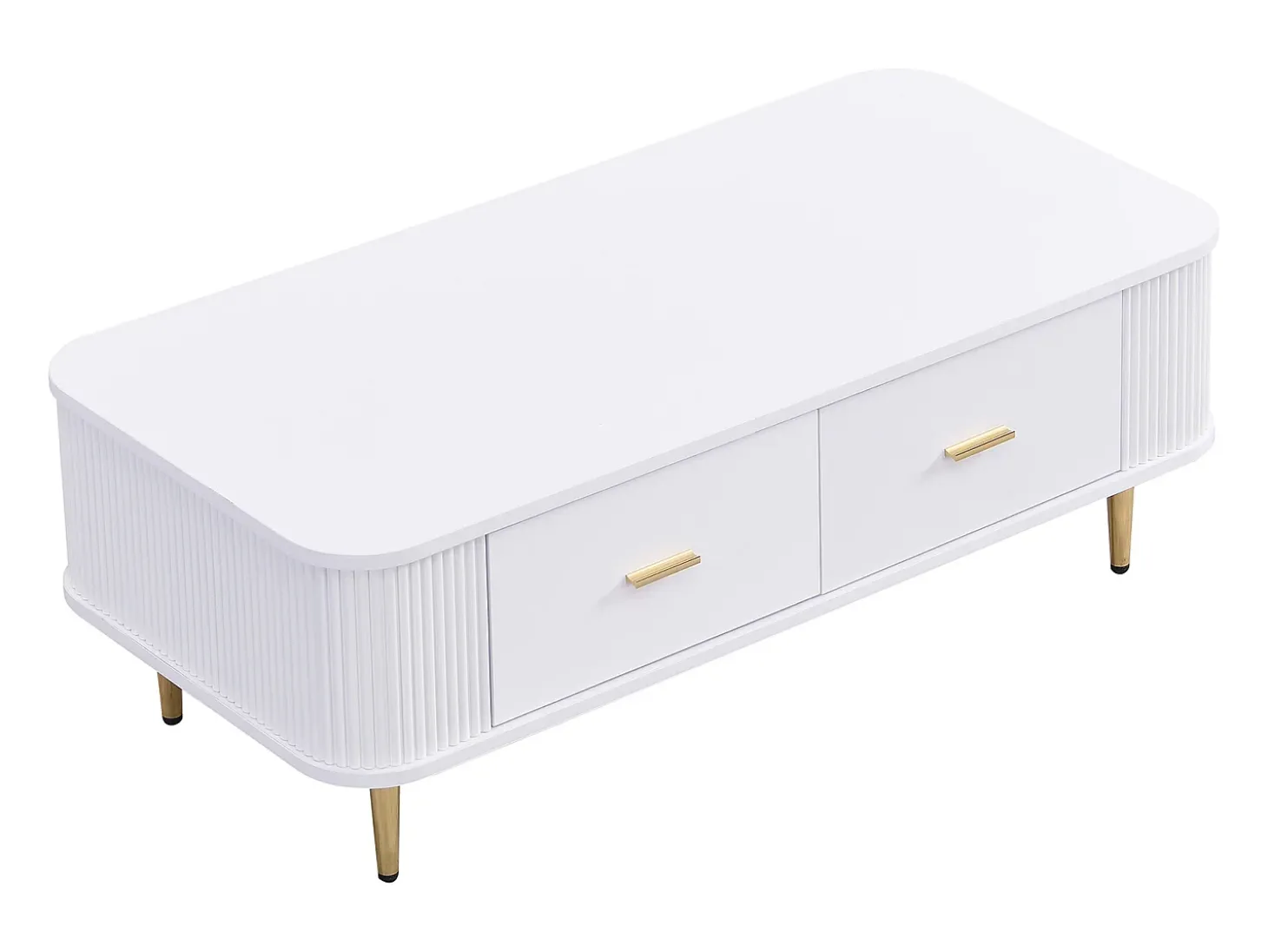 Mesa de centro con 4 cajones - 105 x 51 x 36 cm - Madera MDF - Tiradores y pies dorados - Blanco