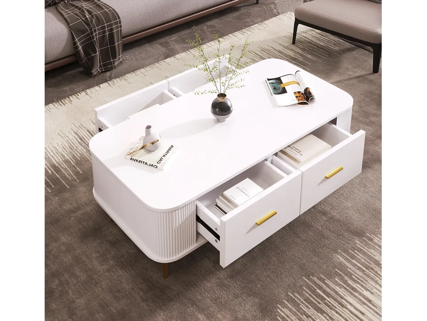 Mesa de centro con 4 cajones - 105 x 51 x 36 cm - Madera MDF - Tiradores y pies dorados - Blanco