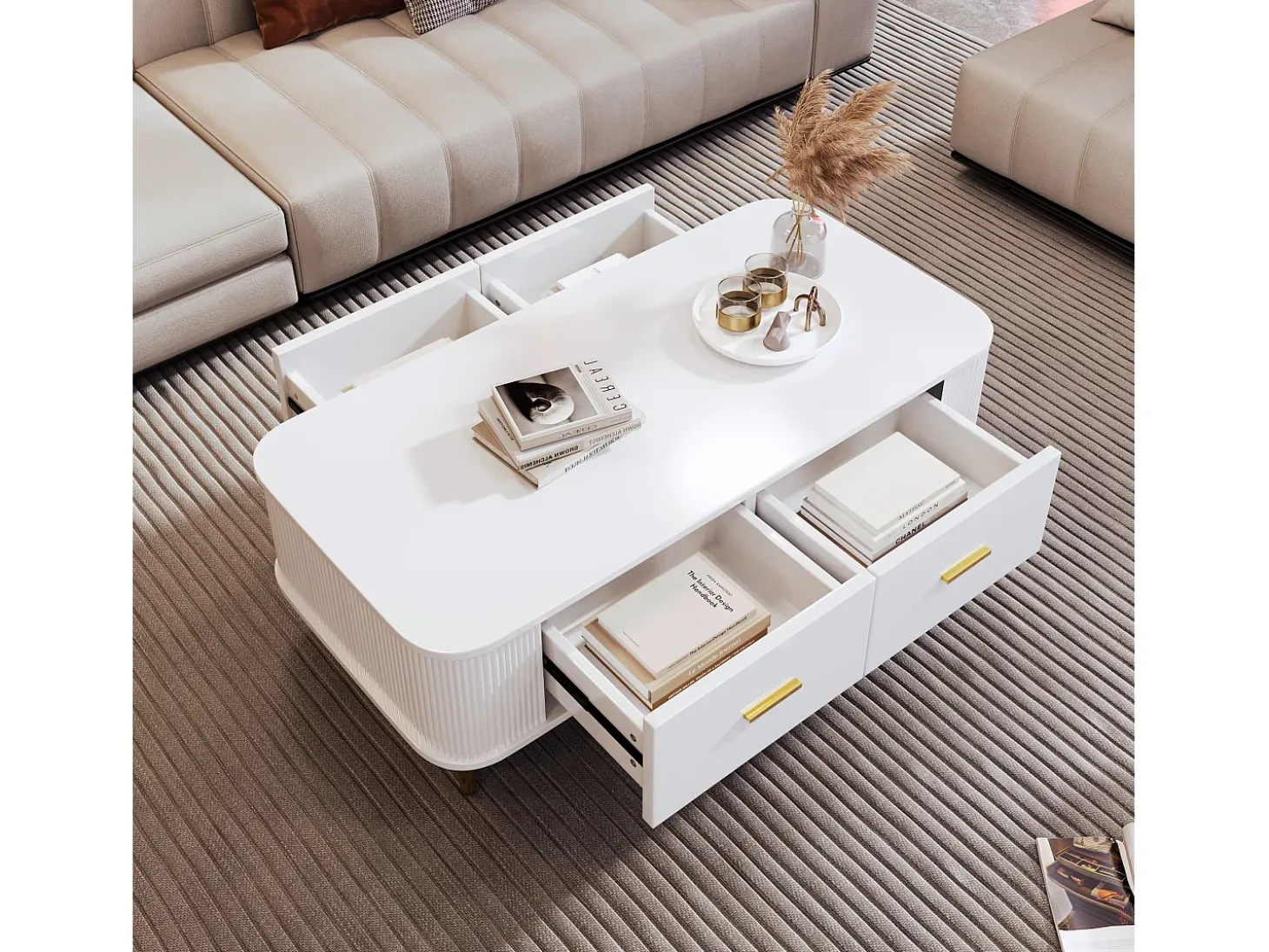 Mesa de centro con 4 cajones - 105 x 51 x 36 cm - Madera MDF - Tiradores y pies dorados - Blanco
