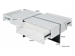 Mesa de centro con 3 cajones 100x50 cm, iluminación LED Bluetooth, tablero chapado en mármol blanco