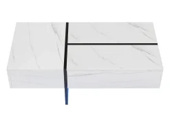 Mesa de centro con 3 cajones 100x50 cm, iluminación LED Bluetooth, tablero chapado en mármol blanco