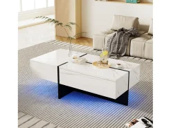 Mesa de centro con 3 cajones 100x50 cm, iluminación LED Bluetooth, tablero chapado en mármol blanco