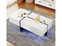 Mesa de centro con 3 cajones 100x50 cm, iluminación LED Bluetooth, tablero chapado en mármol blanco