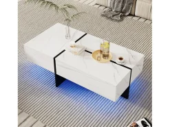 Mesa de centro con 3 cajones 100x50 cm, iluminación LED Bluetooth, tablero chapado en mármol blanco