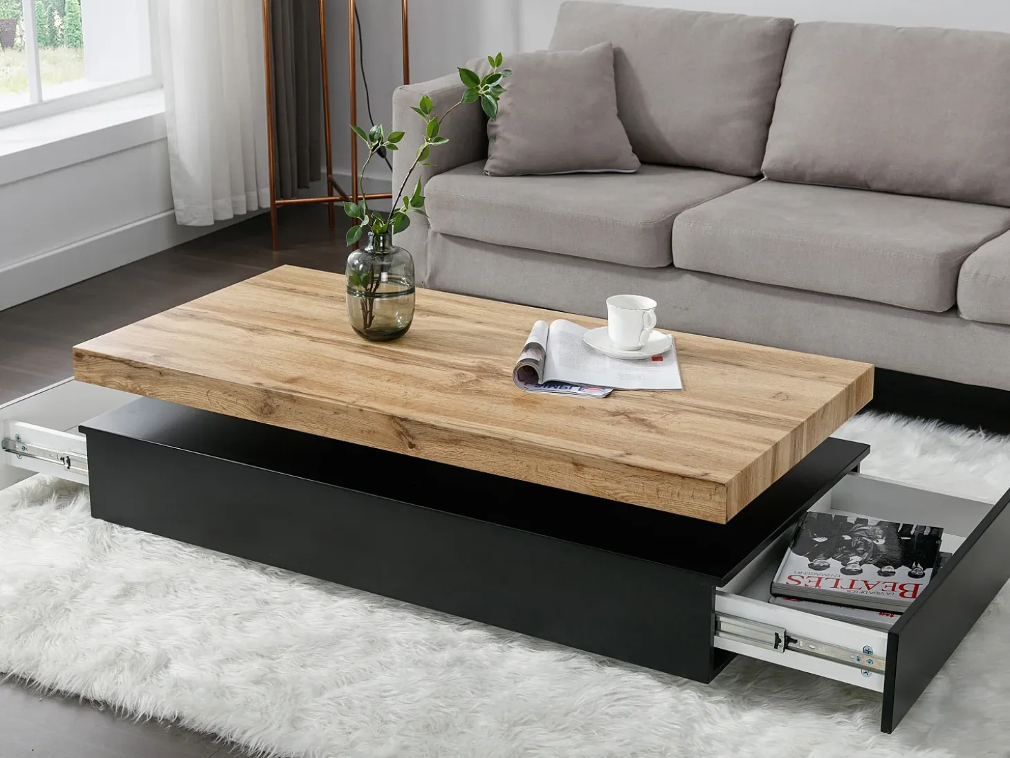 Mesa de centro con 2 cajones de MDF - Negro y natural claro - FELIX