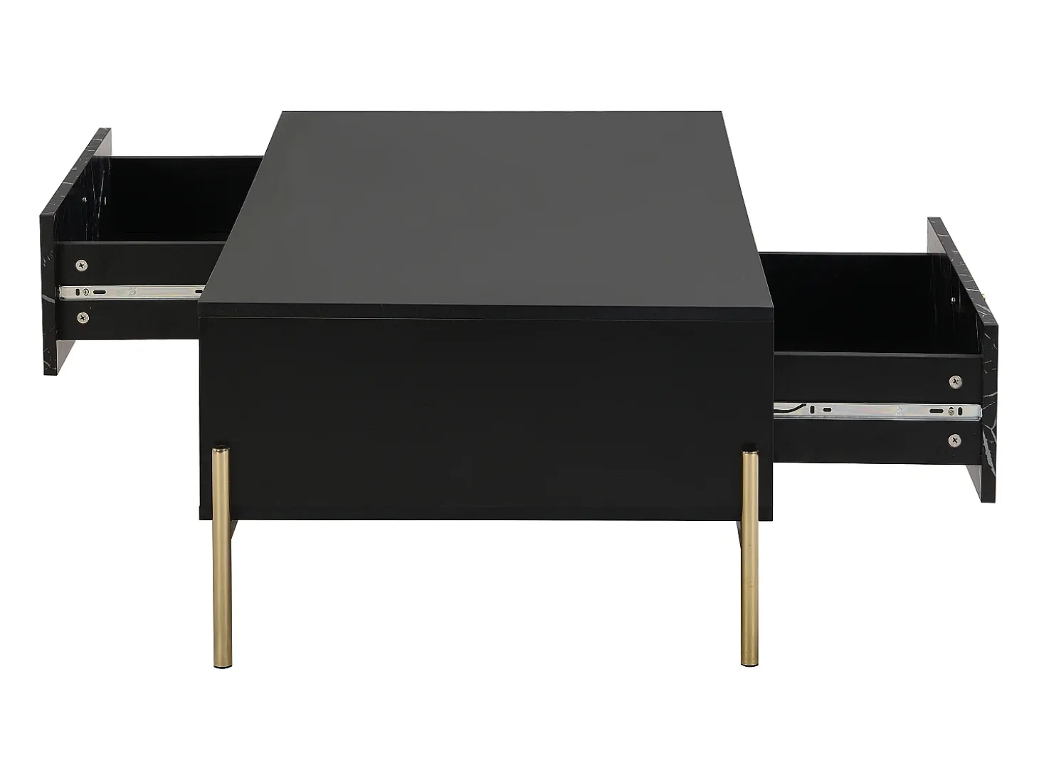 Mesa de centro con 2 cajones y 2 estantes de MDF - Efecto mármol negro y dorado - CIEMILA