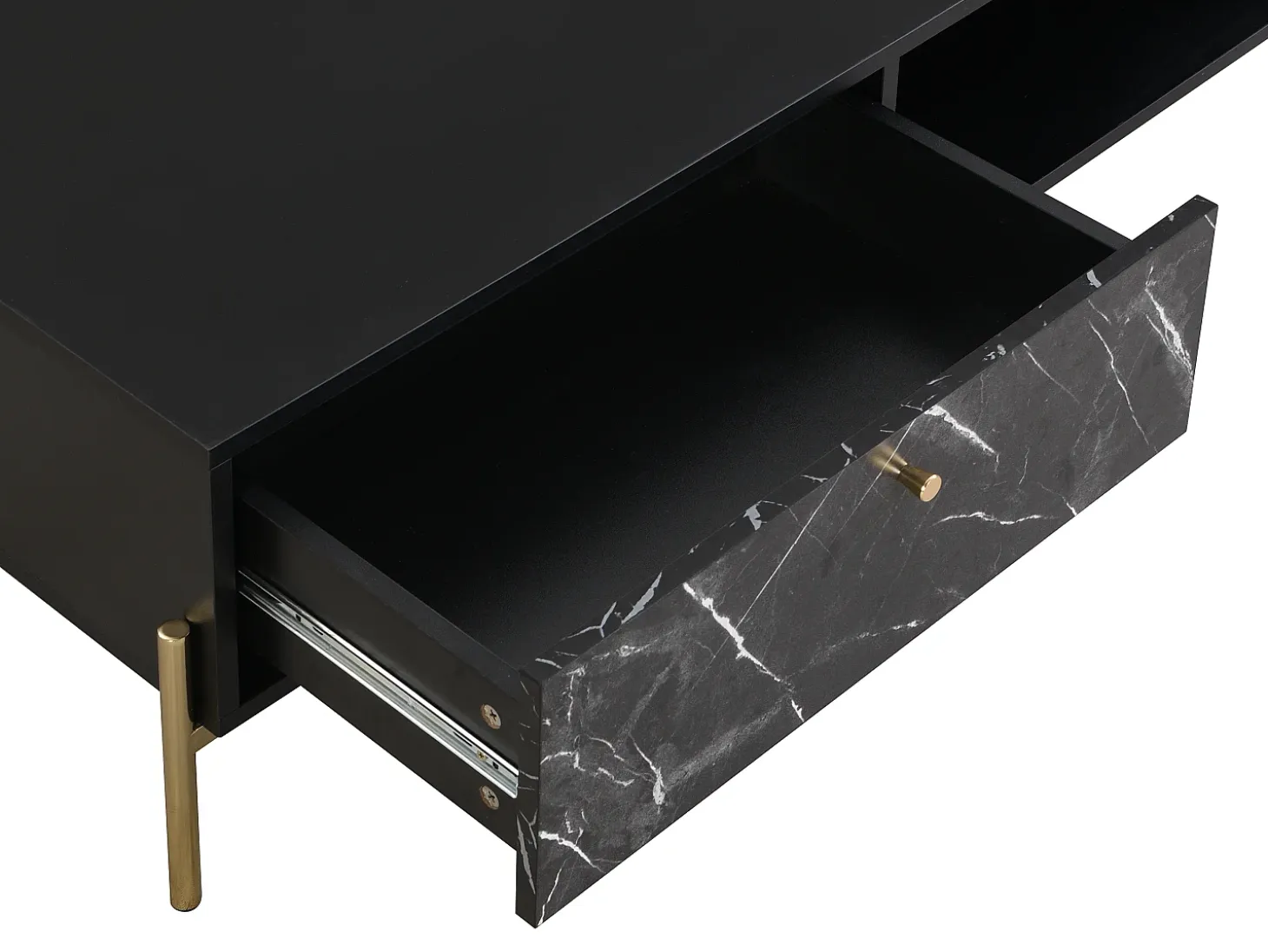 Mesa de centro con 2 cajones y 2 estantes de MDF - Efecto mármol negro y dorado - CIEMILA