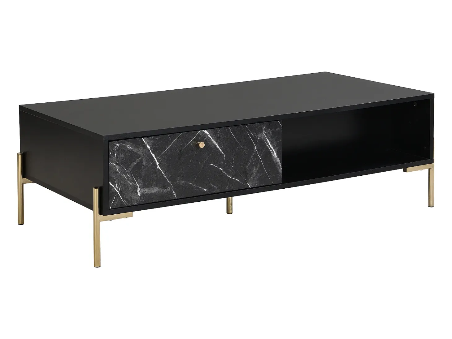 Mesa de centro con 2 cajones y 2 estantes de MDF - Efecto mármol negro y dorado - CIEMILA