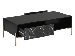 Mesa de centro con 2 cajones y 2 estantes de MDF - Efecto mármol negro y dorado - CIEMILA