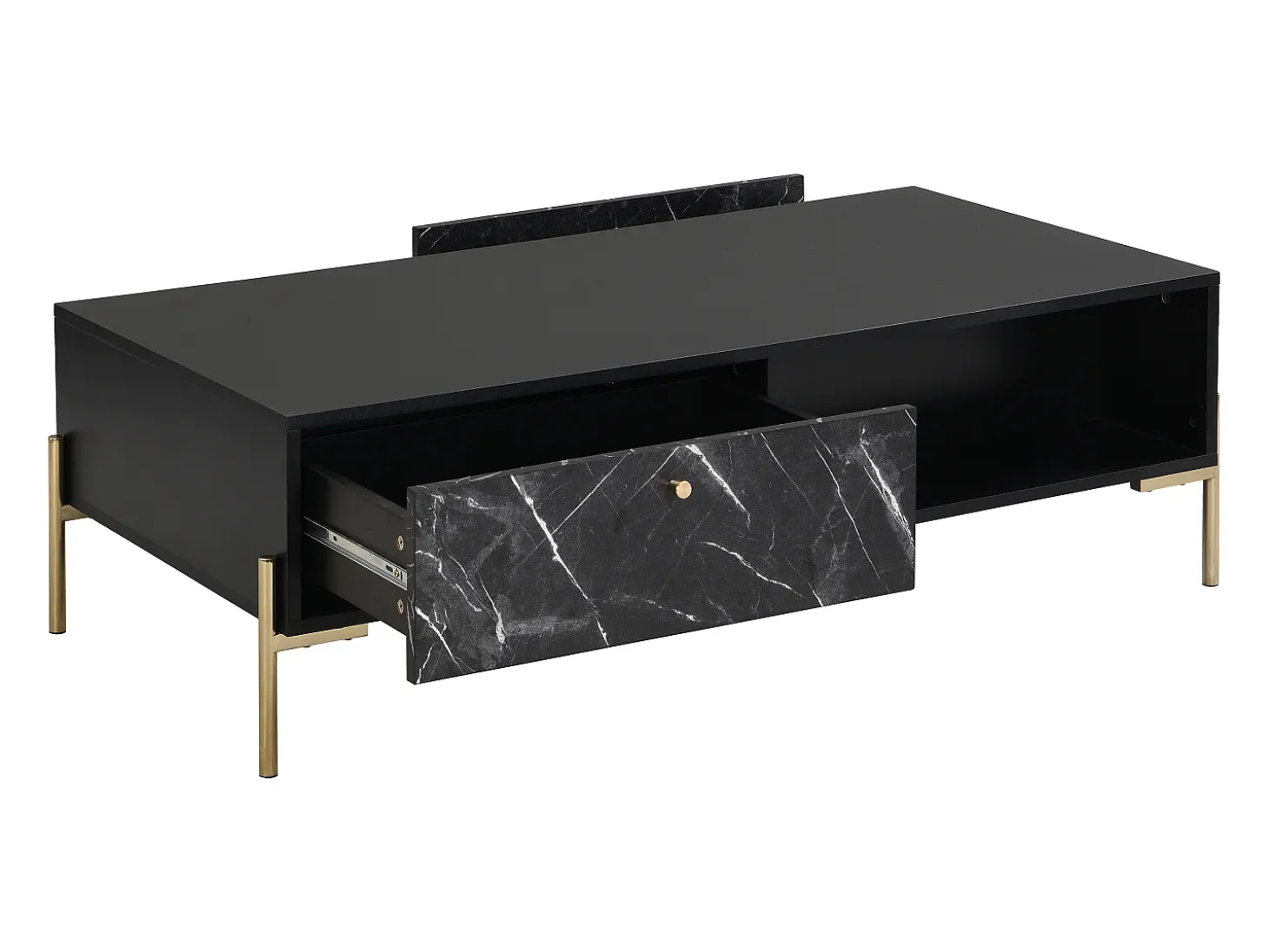 Mesa de centro con 2 cajones y 2 estantes de MDF - Efecto mármol negro y dorado - CIEMILA