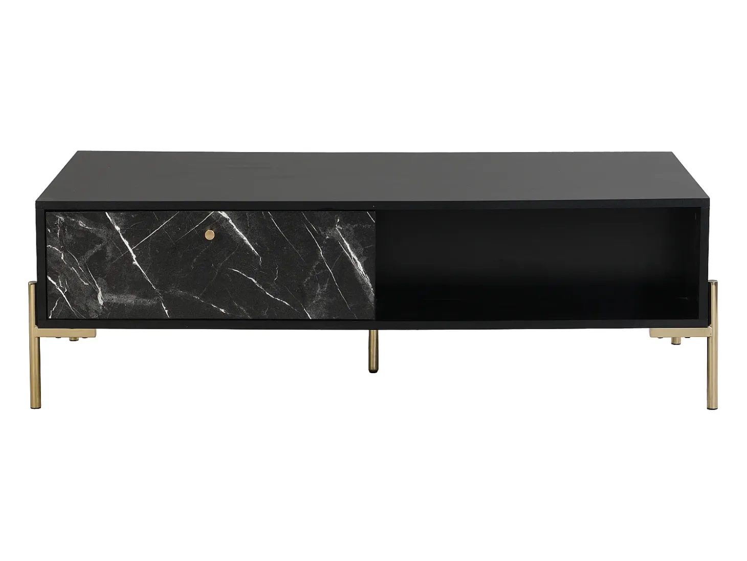 Mesa de centro con 2 cajones y 2 estantes de MDF - Efecto mármol negro y dorado - CIEMILA