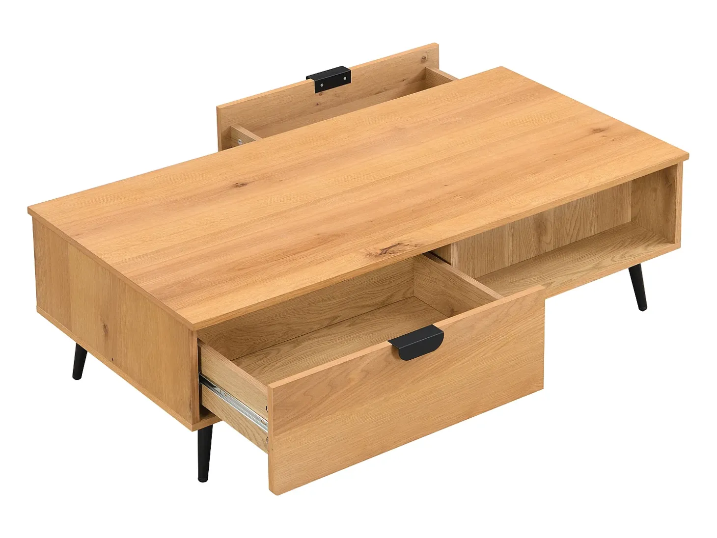 Mesa de centro con 2 cajones y 2 estantes chapado en roble y acero - Natural y Negro - SINOLO