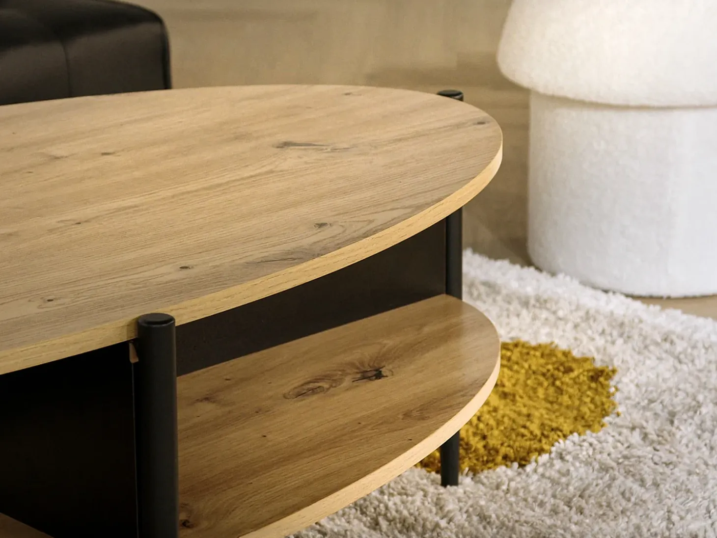 Mesa de centro con 4 estantes de MDF y metal - Natural claro y Negro - EVARO