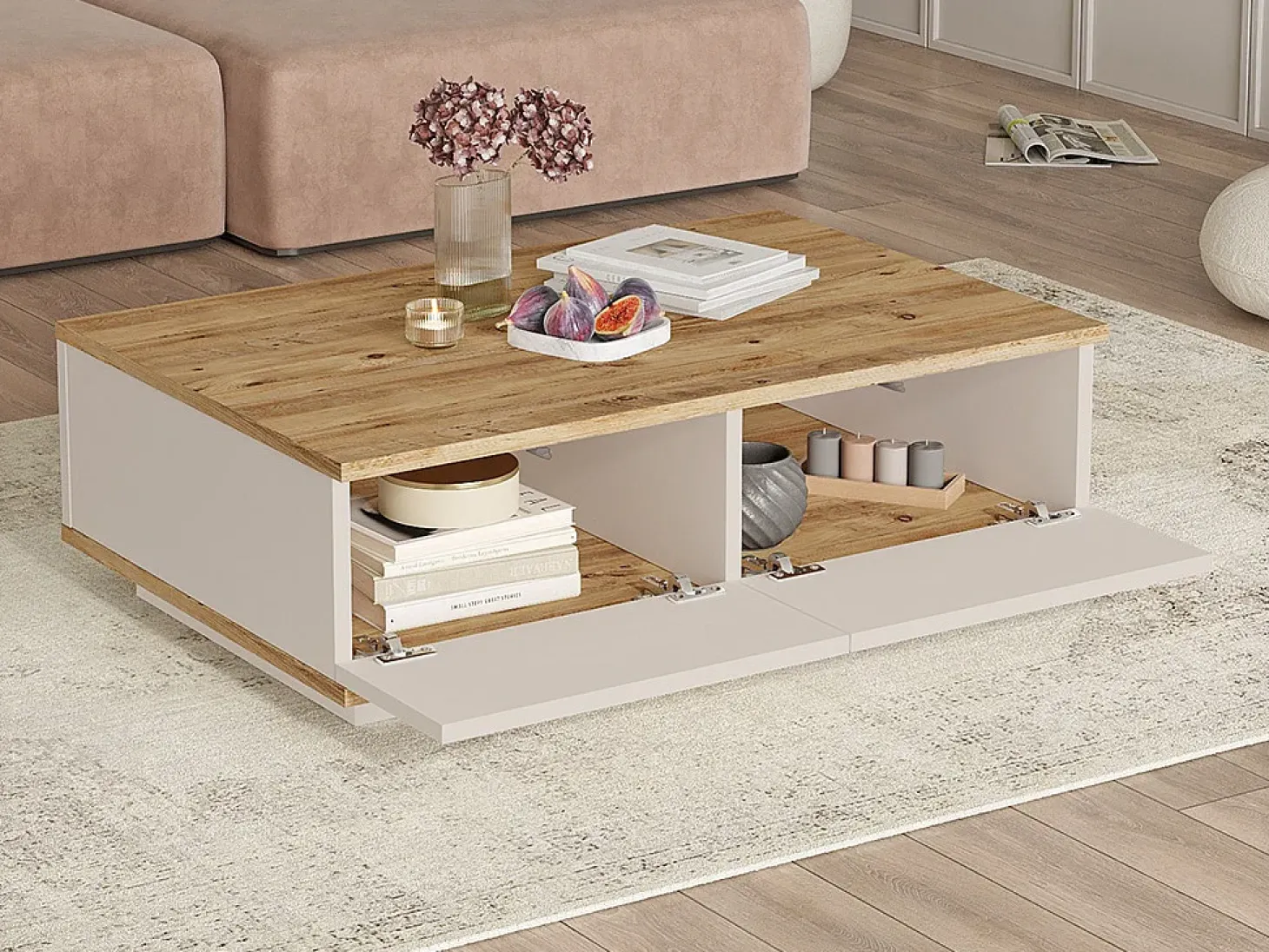 Mesa de centro con 2 puertas - Natural y Beige - LOTULA