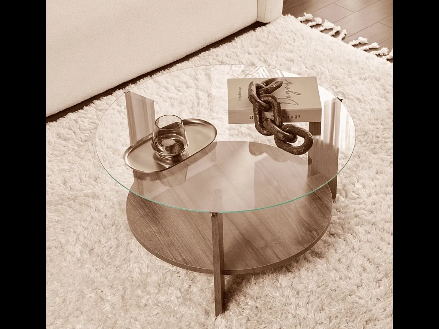 Mesa de centro con 2 tableros, uno de ellos de vidrio templado Ø75 cm - CLARA