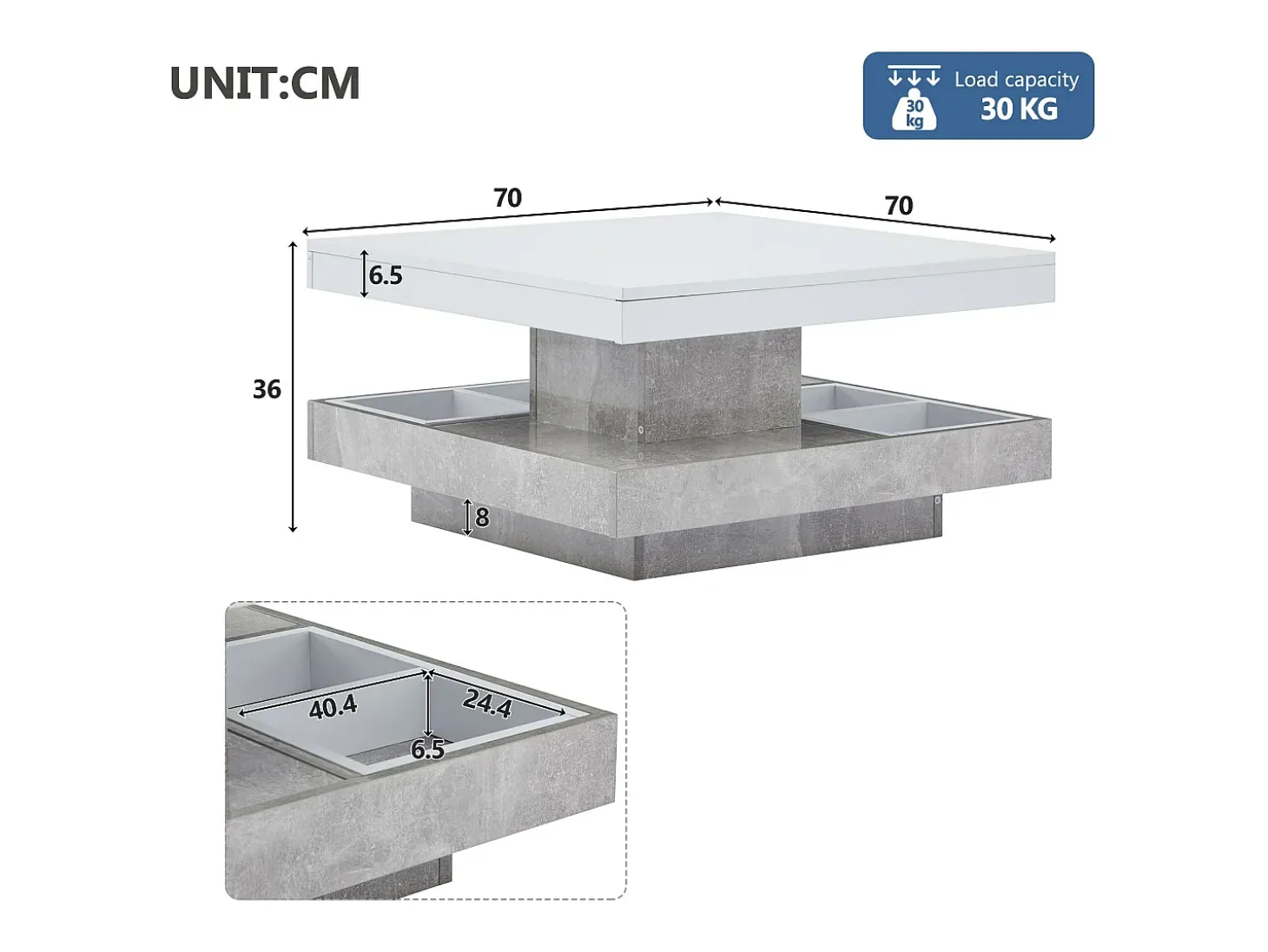 Mesa de centro con almacenamiento 70x70x36 cm - tapa brillante giratoria 360° - Blanco y Gris