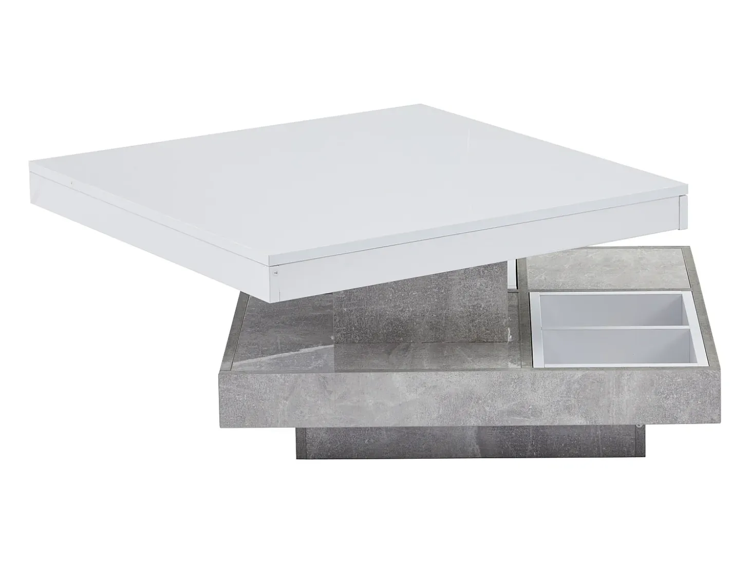 Mesa de centro con almacenamiento 70x70x36 cm - tapa brillante giratoria 360° - Blanco y Gris