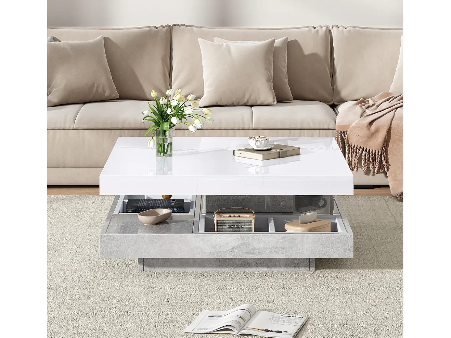 Mesa de centro con almacenamiento 70x70x36 cm - tapa brillante giratoria 360° - Blanco y Gris