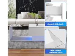 Mesa de centro con cajón grande - 100x50x32 cm - LED - tapa de cristal - Tablero de partículas - Blanco brillante