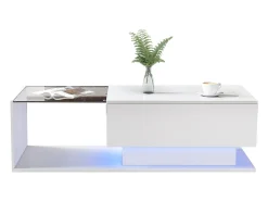 Mesa de centro con cajón grande - 100x50x32 cm - LED - tapa de cristal - Tablero de partículas - Blanco brillante