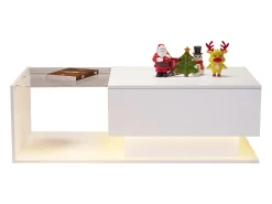 Mesa de centro con cajón grande - 100x50x32 cm - LED - tapa de cristal - Tablero de partículas - Blanco brillante