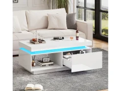 Mesa de centro con cajones, 100x50 cm, iluminación LED con mando a distancia, superficie lacada en blanco