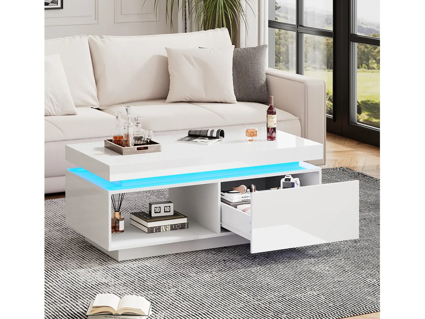Mesa de centro con cajones, 100x50 cm, iluminación LED con mando a distancia, superficie lacada en blanco