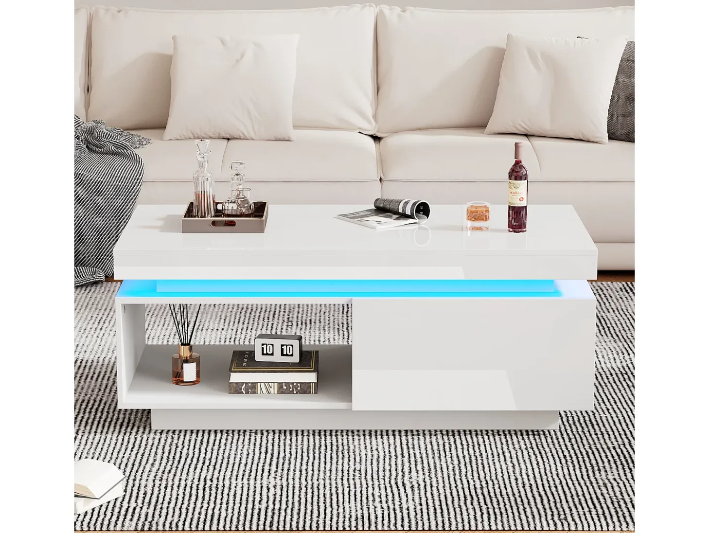 Mesa de centro con cajones, 100x50 cm, iluminación LED con mando a distancia, superficie lacada en blanco