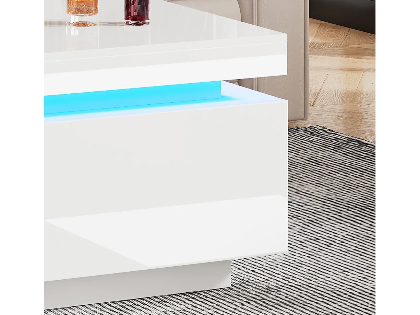 Mesa de centro con cajones, 100x50 cm, iluminación LED con mando a distancia, superficie lacada en blanco