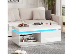 Mesa de centro con cajones, 100x50 cm, iluminación LED con mando a distancia, superficie lacada en blanco