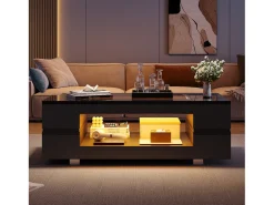 Mesa de centro con LED - 100 x 50 x 35 cm - Mesa de doble capa con Bluetooth - Tablero aglomerado + vidrio templado - negro