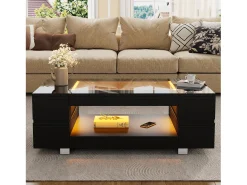 Mesa de centro con LED - 100 x 50 x 35 cm - Mesa de doble capa con Bluetooth - Tablero aglomerado + vidrio templado - negro