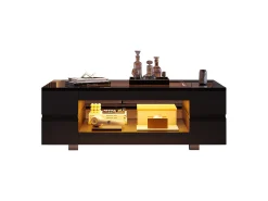 Mesa de centro con LED - 100 x 50 x 35 cm - Mesa de doble capa con Bluetooth - Tablero aglomerado + vidrio templado - negro