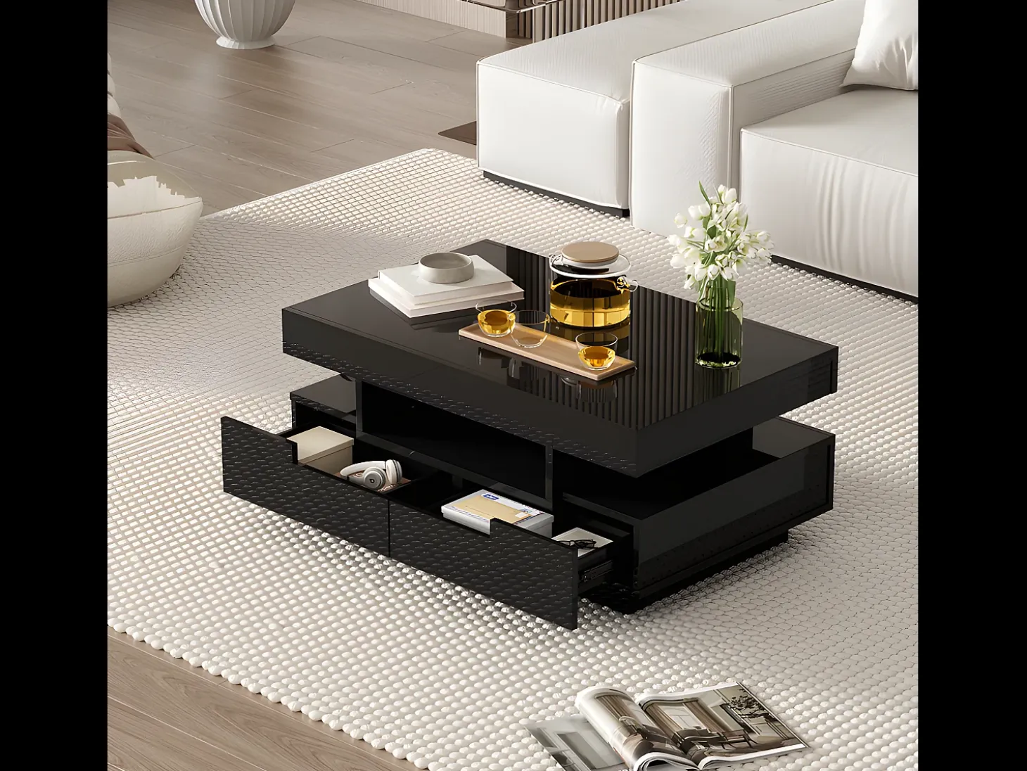 Mesa de centro con LED - acabado brillante - 4 cajones delanteros y traseros - Negro