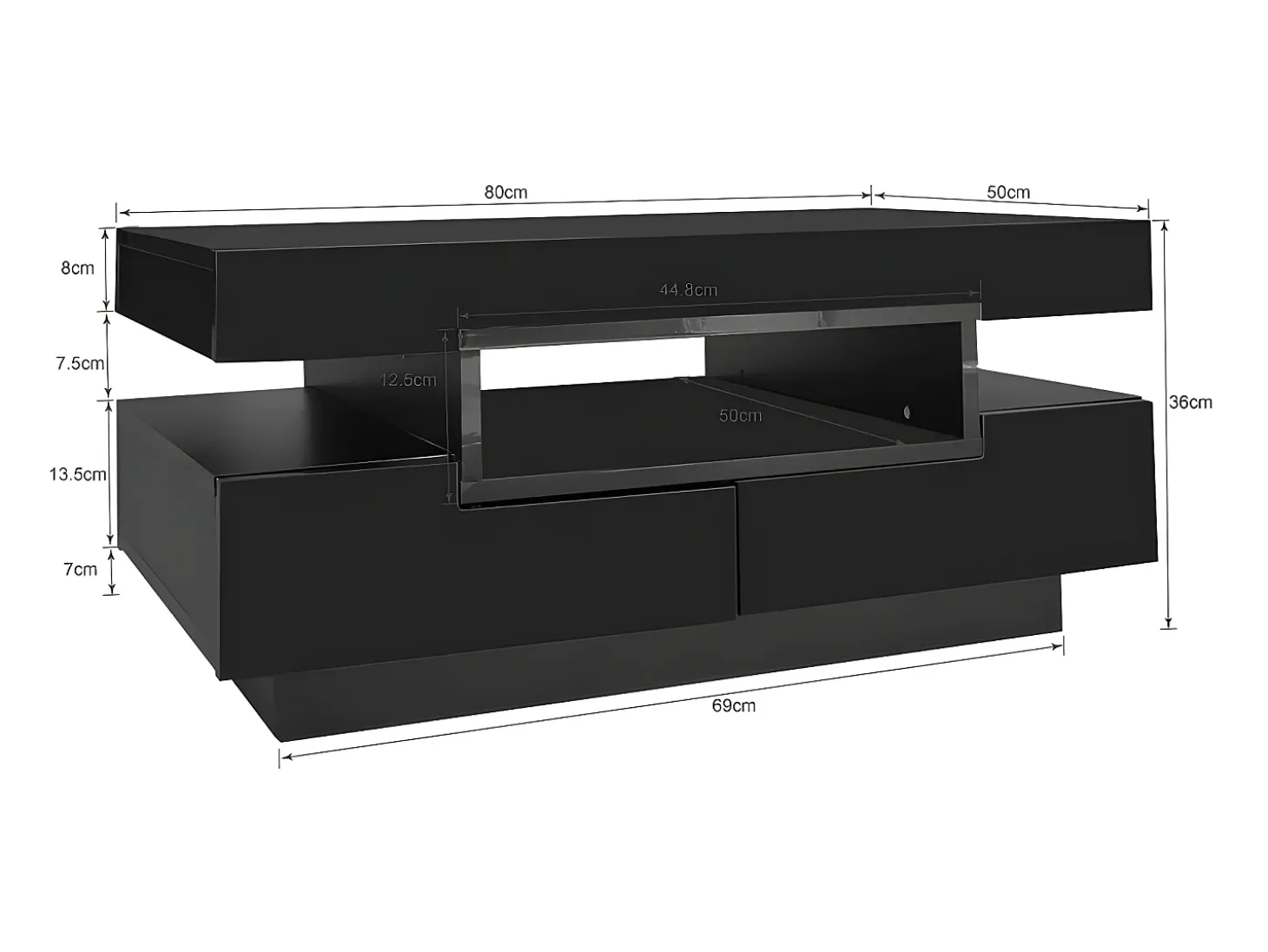 Mesa de centro con LED - acabado brillante - 4 cajones delanteros y traseros - Negro