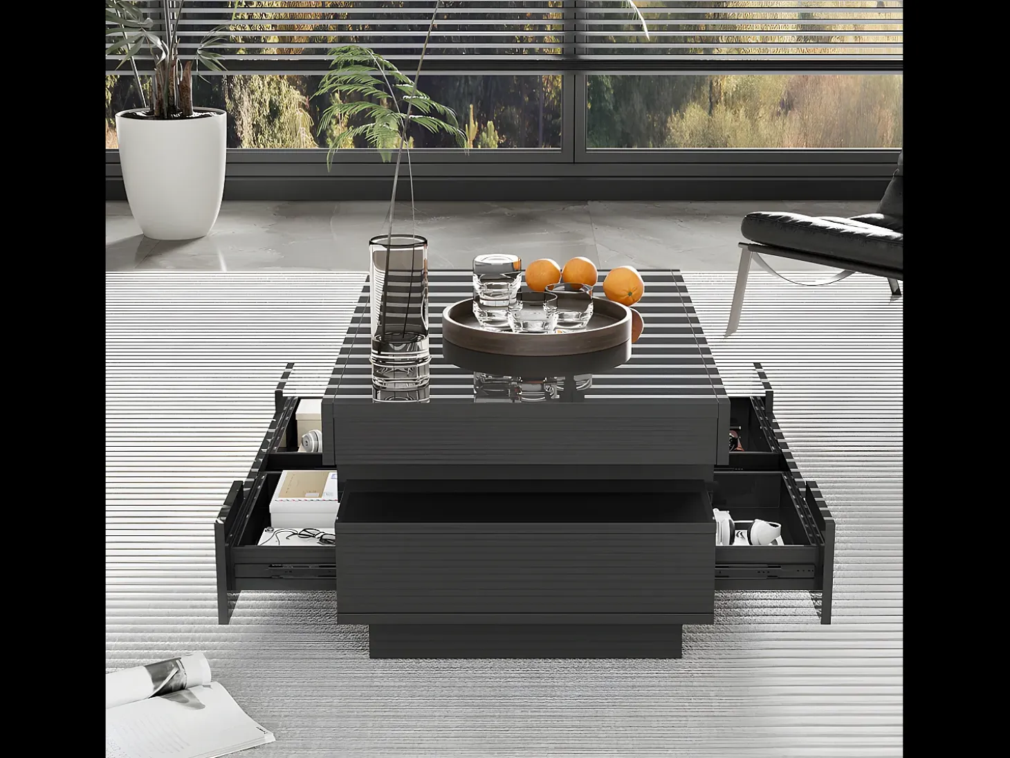 Mesa de centro con LED - acabado brillante - 4 cajones delanteros y traseros - Negro