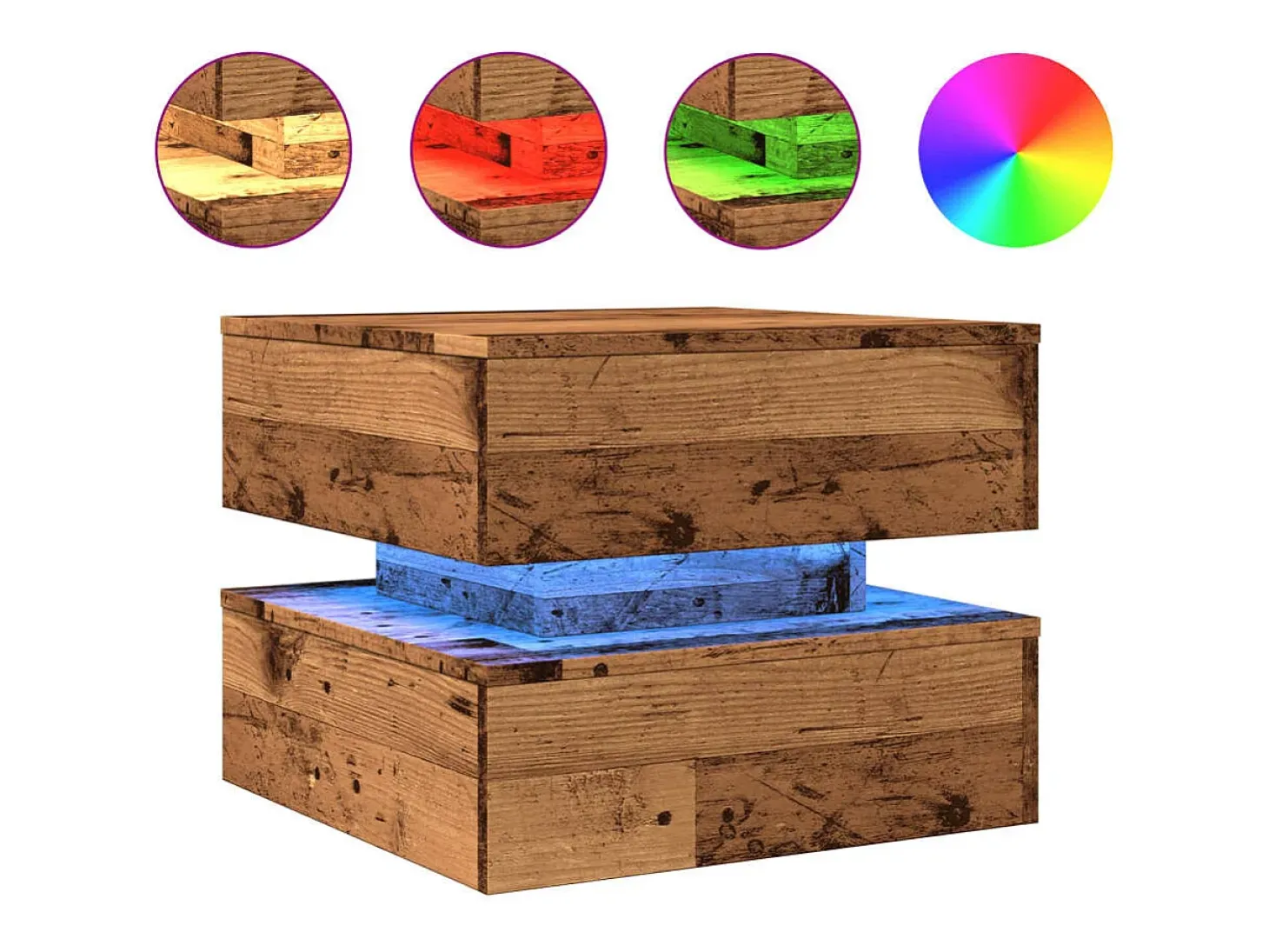 Mesa de centro con luces LED madera envejecida 50x50x40 cm