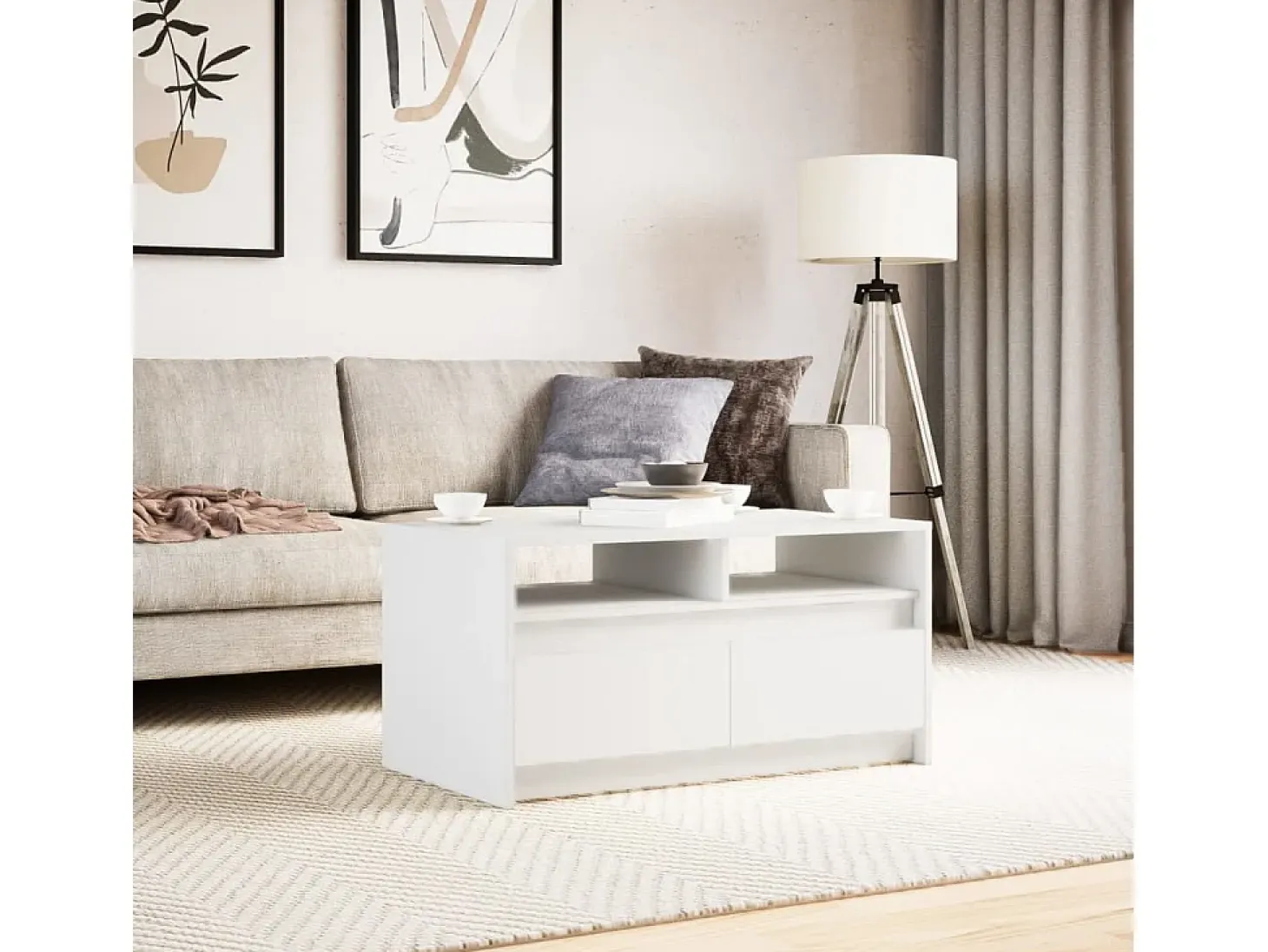 Mesa de centro con luces LED madera ingeniería blanca
