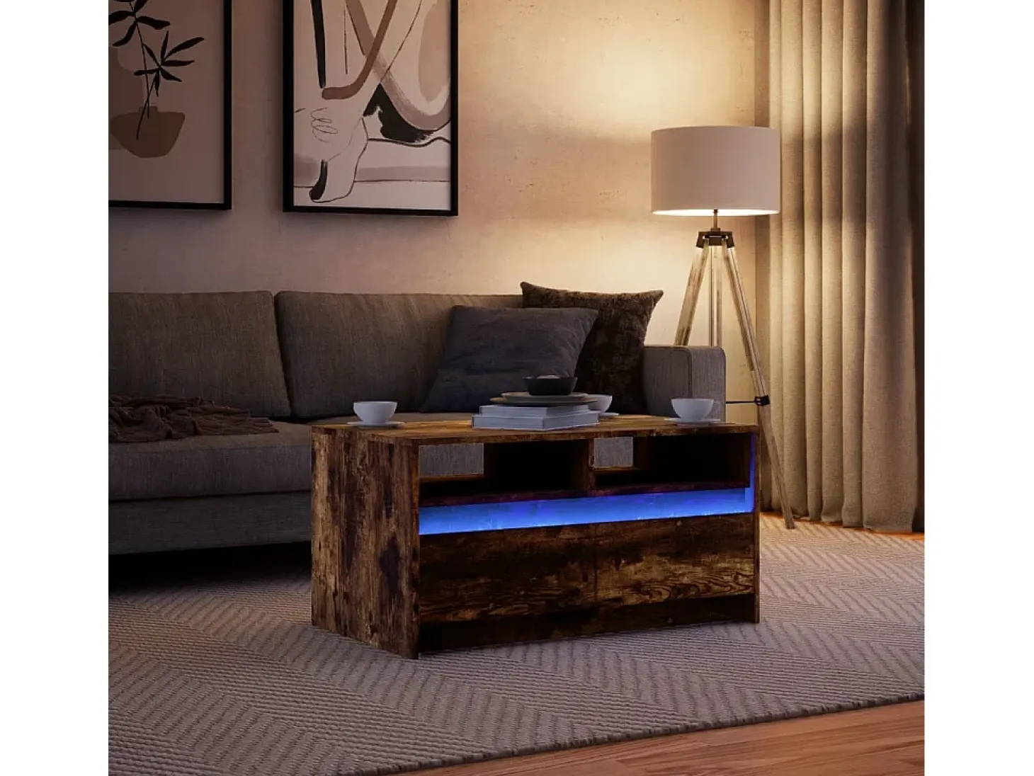Mesa de centro con luces LED madera de ingeniería roble ahumado