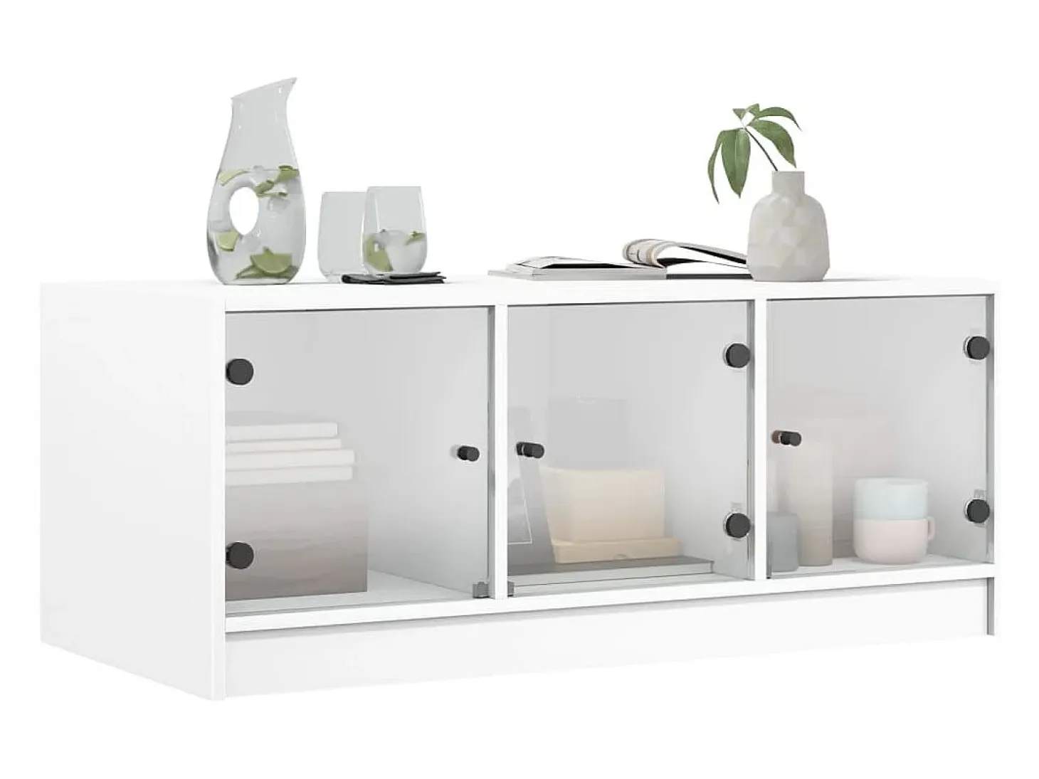 Mesa de centro con puertas de vidrio blanca 102x50x42 cm
