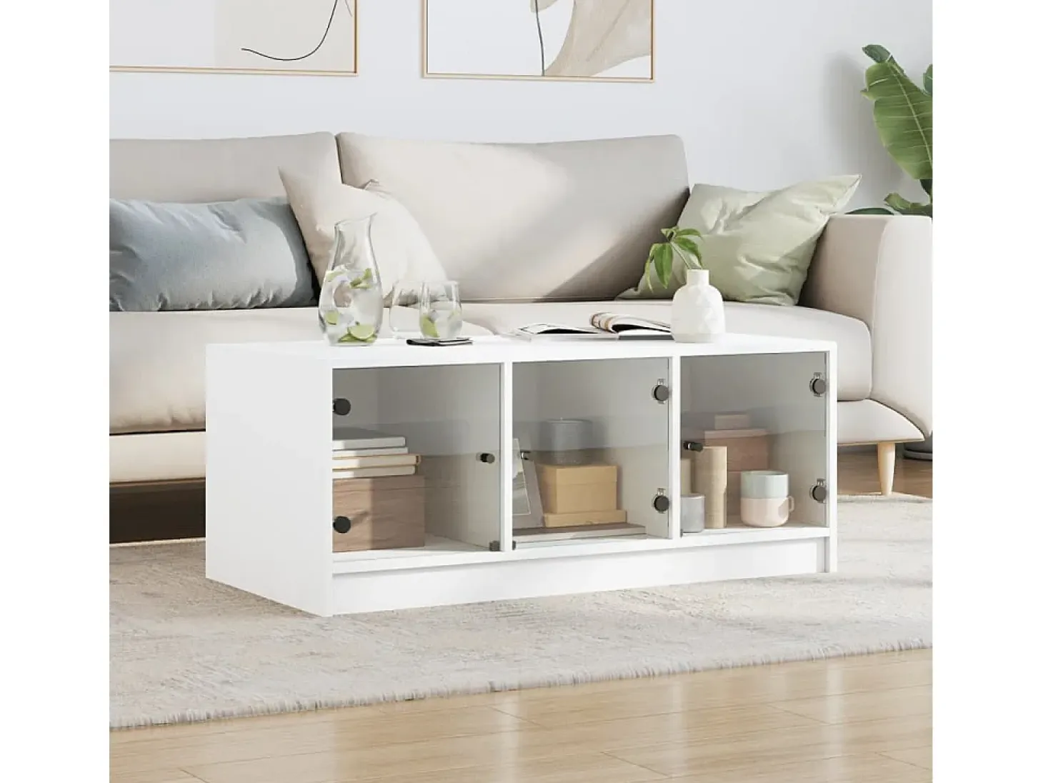 Mesa de centro con puertas de vidrio blanca 102x50x42 cm