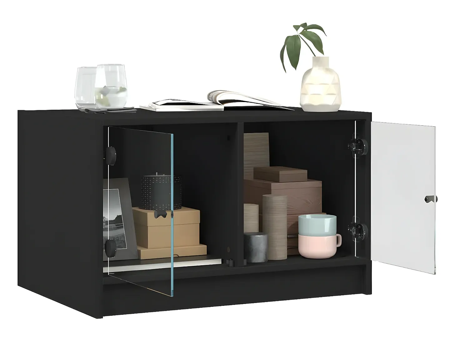 Mesa de centro con puertas de vidrio negra 68x50x42 cm